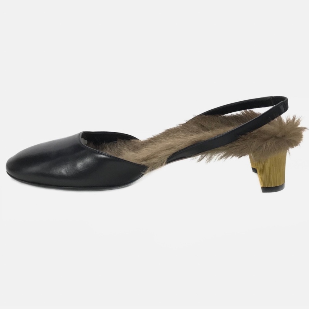 GUCCI Leather Arielle Gold Heel Fur Lined Pumps - Picture 8 of 11